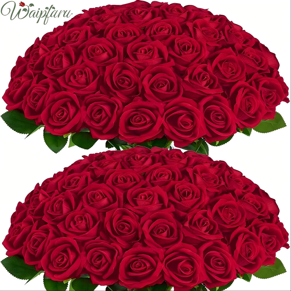 50/100pcs Red Roses Artificial Flowers, Real Touch Velvet Roses Bouquet Fake Flowers Bulk, Artificial Roses with Long Stems for Valentines Day Gift DIY Bridal Wedding Centerpiece Decorations, Mothers Day Decor, Home Decor, Room Decor, Rosas Eternas