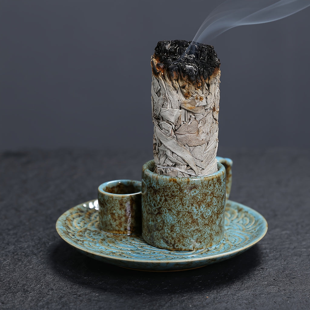 1pc Premium Ceramic Incense Burner, 4-in-1 with Handle, Suitable for Incense Sticks, Sage, Candle Holder, Perfect Ash Collection, Exquisite Home Decor Tray, Ideal for Yoga, Meditation, Housewarming, Gifts for Friends and Family