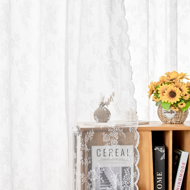 Set of Two White Lace Curtains with Floral Designs, Featuring a Bohemian Style And Semi-Transparent Fabric That Filters Sunlight. Suitable for All Seasons