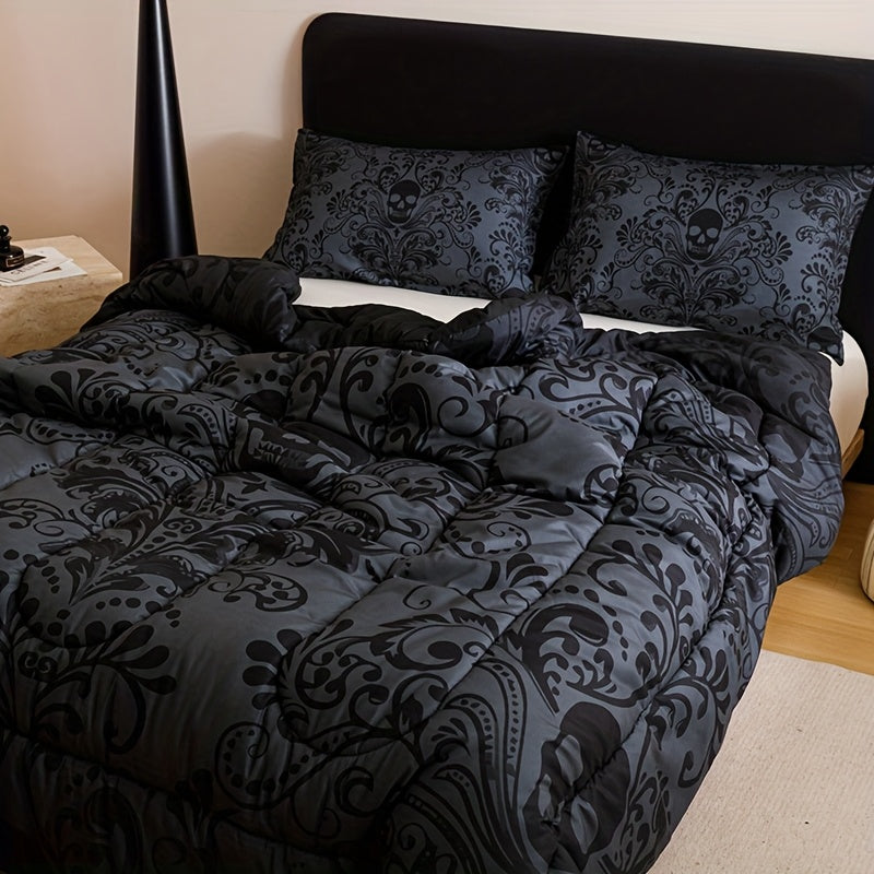 2D Flat 3pcs Black Gray Design Skull Quilt Set (1 Comforter +2 Pillowcases Without Pillow Core), Contains Padding 180gsm Quilting Soft Ventilate Digital Printing Bedroom Dormitory At Home Room Decor Back-to-School Season Valentine'S Day Gift-Giving