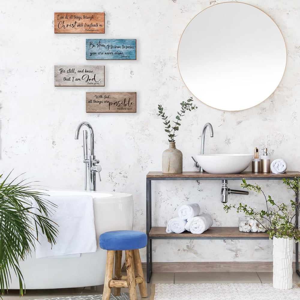 4pcs Bible Verses Wall Decor Rustic Wooden Christian Signs Farmhouse Religious Decor for Home Motivational Prayer Wall Art for Living Room Office Bedroom Bathroom(Farmhouse)