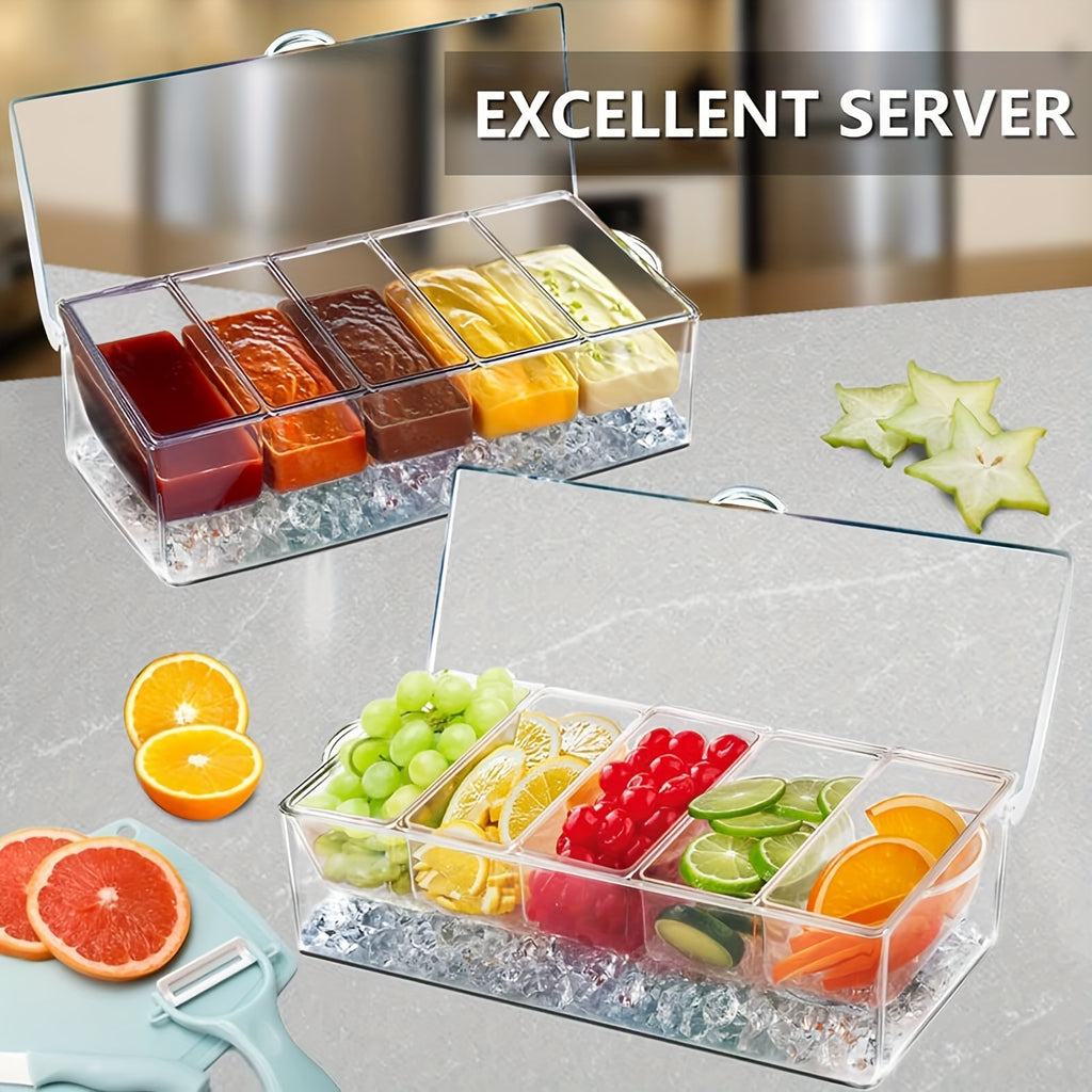 For Bar Serving Tray on Ice with 5 Compartments Container, 5 Forks And 3 Pliers, Fruit Trays for Serving, Garnish Platters with Lid, Cold Seasoning Storage Box for Bar for Parties, Clear