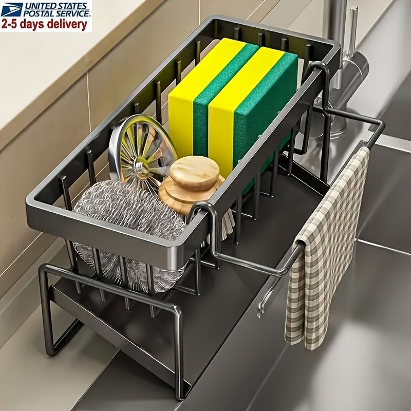 Kitchen Sink Caddy with Drainage, Kitchen Sink Organizer with Removable Brush Holder, Sink Caddy with Drainage for Dishwashing Brush, Sponge, Soap And Scrubbing Additions, Basket, Trash Can And Container