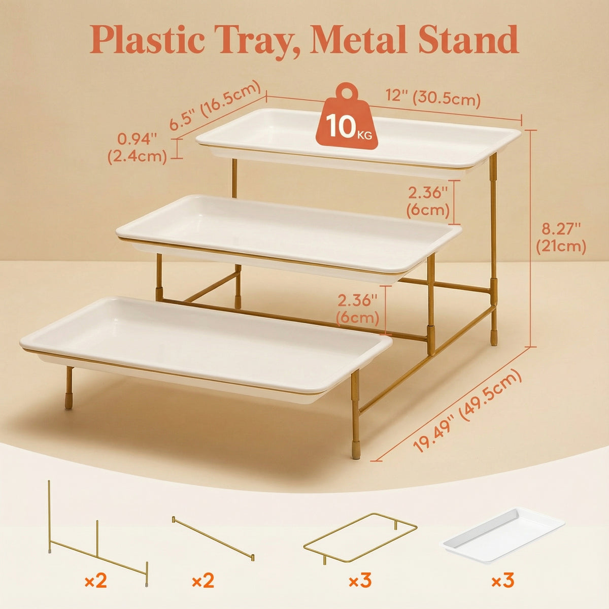 12" x 6.5" Platters for Serving Food, 3 Tier Plastic Serving Tray for Party Supplies, White Reusable Trays with Metal Display Stand for Veggie, Fruit, Dessert