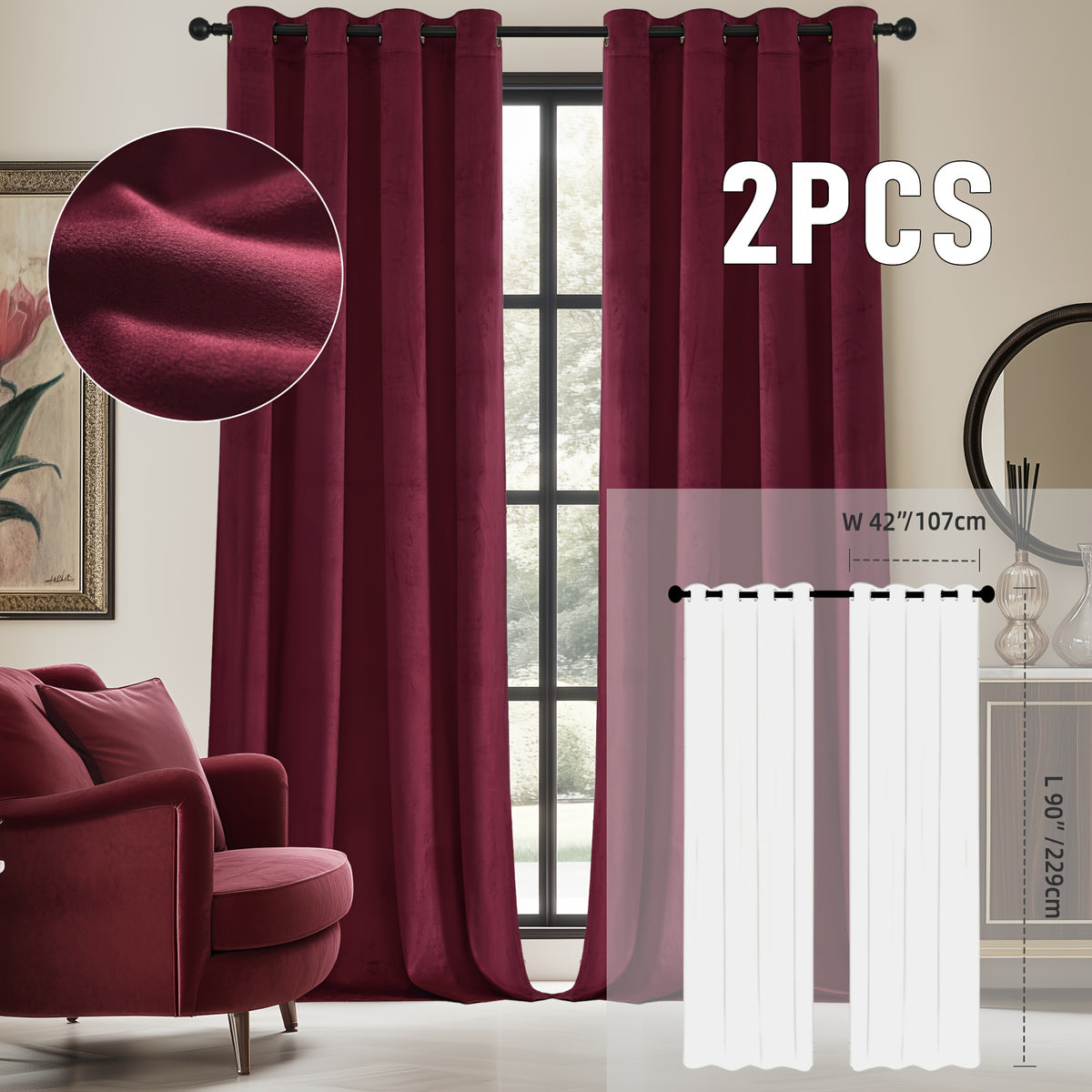 2pcs Velvet Room Darkening Curtains | Vintage Soundproof and Thermal Insulated, Elegant Soft Velvet Grommet Top Curtains for Living Room and Bedroom, Unlined, Solid Color, Fashionable Valentine'S Day Décor