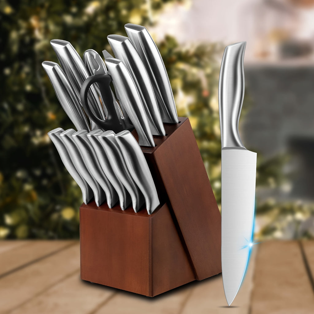 Kitchen Knife Set, 15pcs Knife Set With Block Wooden, Self Sharpening For Chef Knife Set, Medium Carbon Stainless Steel Hammered Knife Block Set With Steak Knives, Knives For Men, Boxed Knife Sets For Kitchen, For Family Gift, Local Warehouse