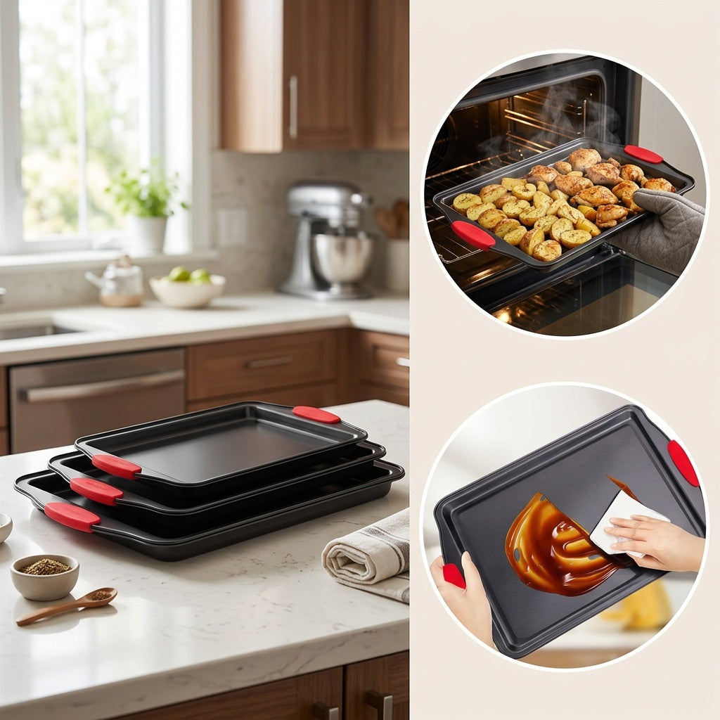 3pcs Carbon Steel Non-stick Kitchen Oven Baking Pan, Luxurious and Fashionable Non-stick Inside and Outside, Commercial Grade Restaurant Quality Metal Baking Pan, with Red Silicone Handle
