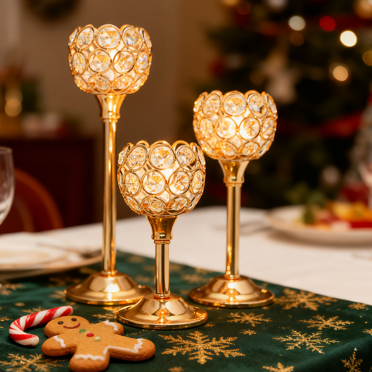 3pcs Set Crystal & Metal Candle Holders - Windproof, Perfect for Christmas, Halloween Table Decor, Romantic Dinners, Wedding Anniversaries, Home & Hotel Ambiance, Birthday Gifts - Ideal for Centerpieces, Parties (Candles Not Included)
