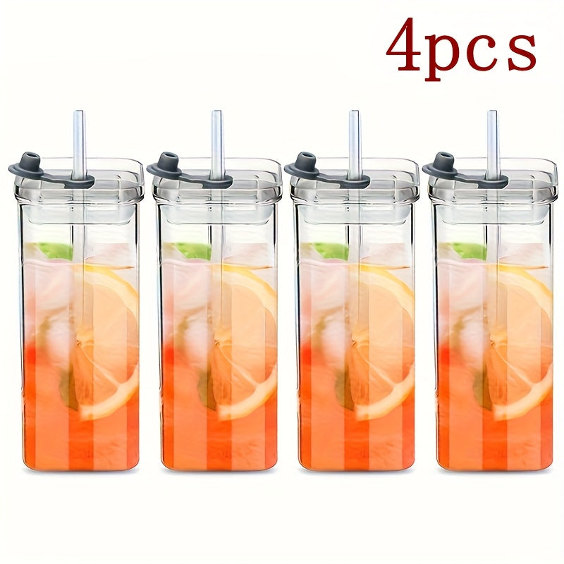 4 Packs/6 Packs, Glass Water Cup, High Borosilicate Glass with Lid And Straw, Women's Korean Square Lid, Transparent, Simple Flat Bottom, Heated Household Coffee Cup, Juice Cup
