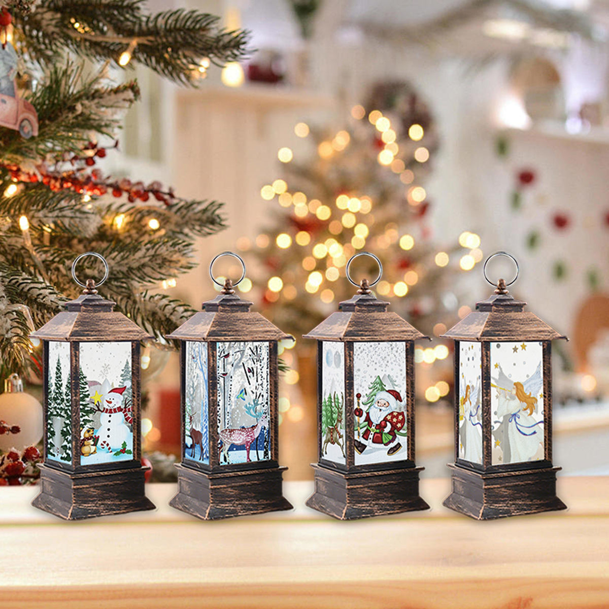 4pcs Set of Festive Christmas Mini Lanterns with Candle Effect Fairy Tale Creators-Santa Claus, Snowman, Reindeer, And Angel, Indoor Decoration, Dry Cell Battery Powered, The Perfect Choice for Festive Home Decoration And Christmas Decorations