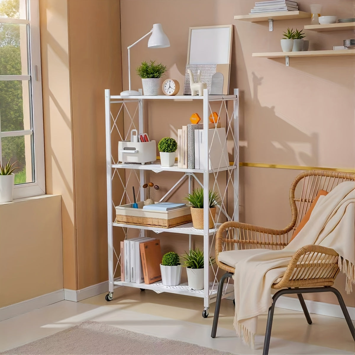 3/4/5-Tier Portable Multifunctional Storage Rack, Floor-Standing Storage Rack with Lockable Wheels, Space-Saving, No Assembly, Foldable Storage Shelf with Durable Carbon Steel Frame for Bedroom, Balcony, Garden, Standing Shelf