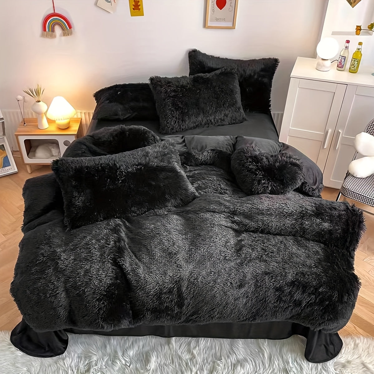 3/4pcs Plush Faux Fur Comforter Cover Set for Kids & Teens - Includes Pillowcases + Plush Heart Pillow - Twin/ Queen/ King Sizes - Super Soft, Warm, Machine Washable (Duvet Cover Only, No Comforter)