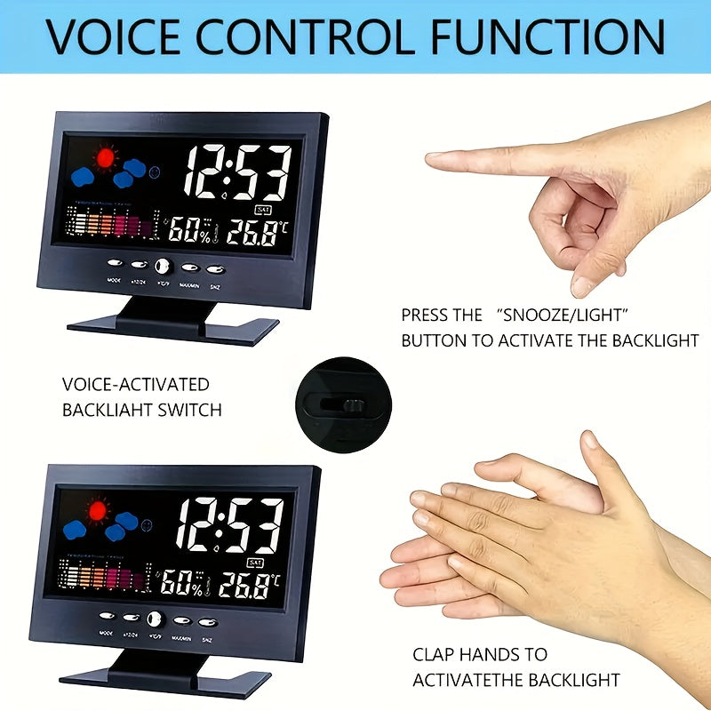 Two Intelligent Weather Stations with Digital Alarms That Monitor Indoor And Outdoor Temperature And Humidity. They Feature a Usb-Powered Desktop Clock with Delay, Adjustable LED Brightness, Automatic Dimming, And a 12/24-Hour Format