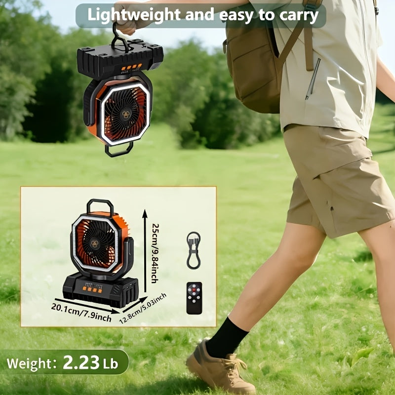 Portable Camping Fan with LED Light 20000Mah Rechargeable Battery Remote Control And Oscillating Function, 4 Wind Speeds, 90° Oscillation, 1-8 Hour Timer, Remote Control Included. Suitable for Indoor And Outdoor Use, Tents, Travel