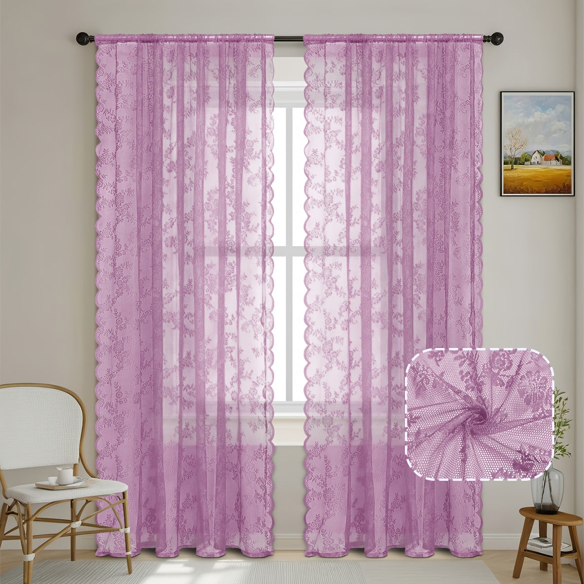 Set of Two White Lace Curtains with Floral Designs, Featuring a Bohemian Style And Semi-Transparent Fabric That Filters Sunlight. Suitable for All Seasons