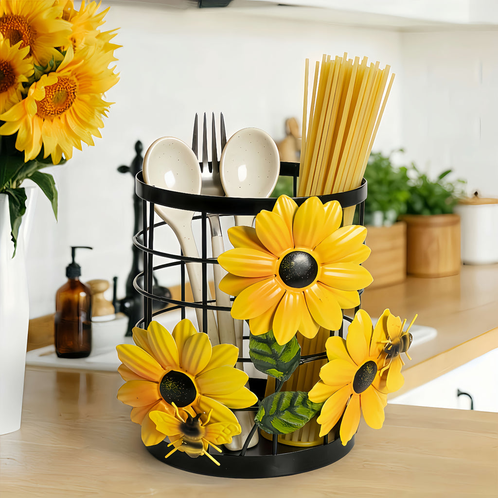 Sunflower Flatware Storage Basket - Open Kitchen Countertop Organizer, Home Storage & Decor, Housewarming Gift Must-Have, Stylish & Functional Present