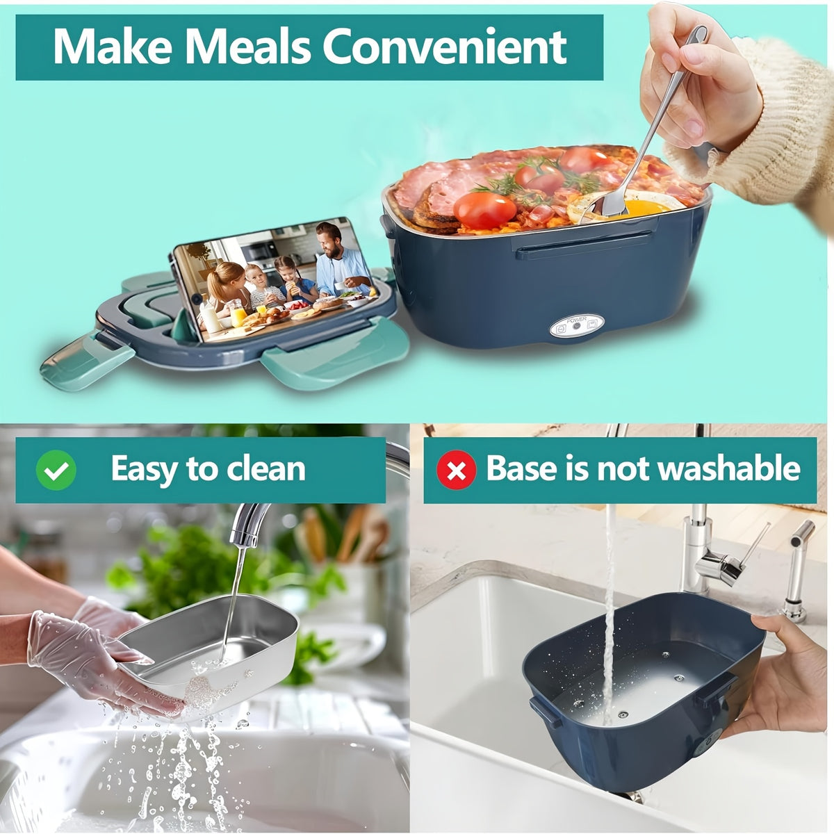 3in 1 Lunch Box - 12V/24V for Car & 120V for Home, Portable Food Heater with 304 Stainless Steel Container, Leak-Proof Design for Truck, Office, Dorm and Camping