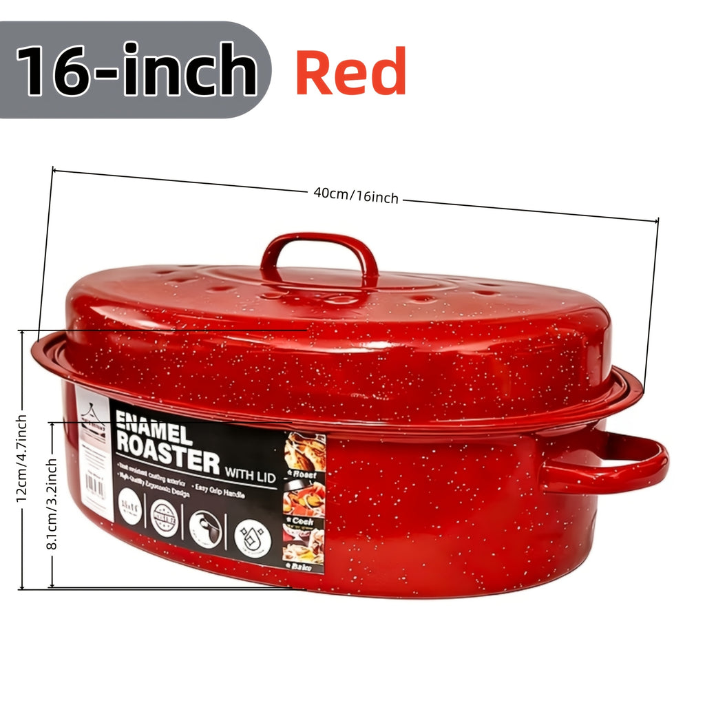 Granite Enamel Roasting Pan with Lid, Large Nonstick Carbon Steel Turkey Roaster for Oven, Chicken Roasting Pan, Soup Stew Bakeware,Black/Red Cooking Soup Pot