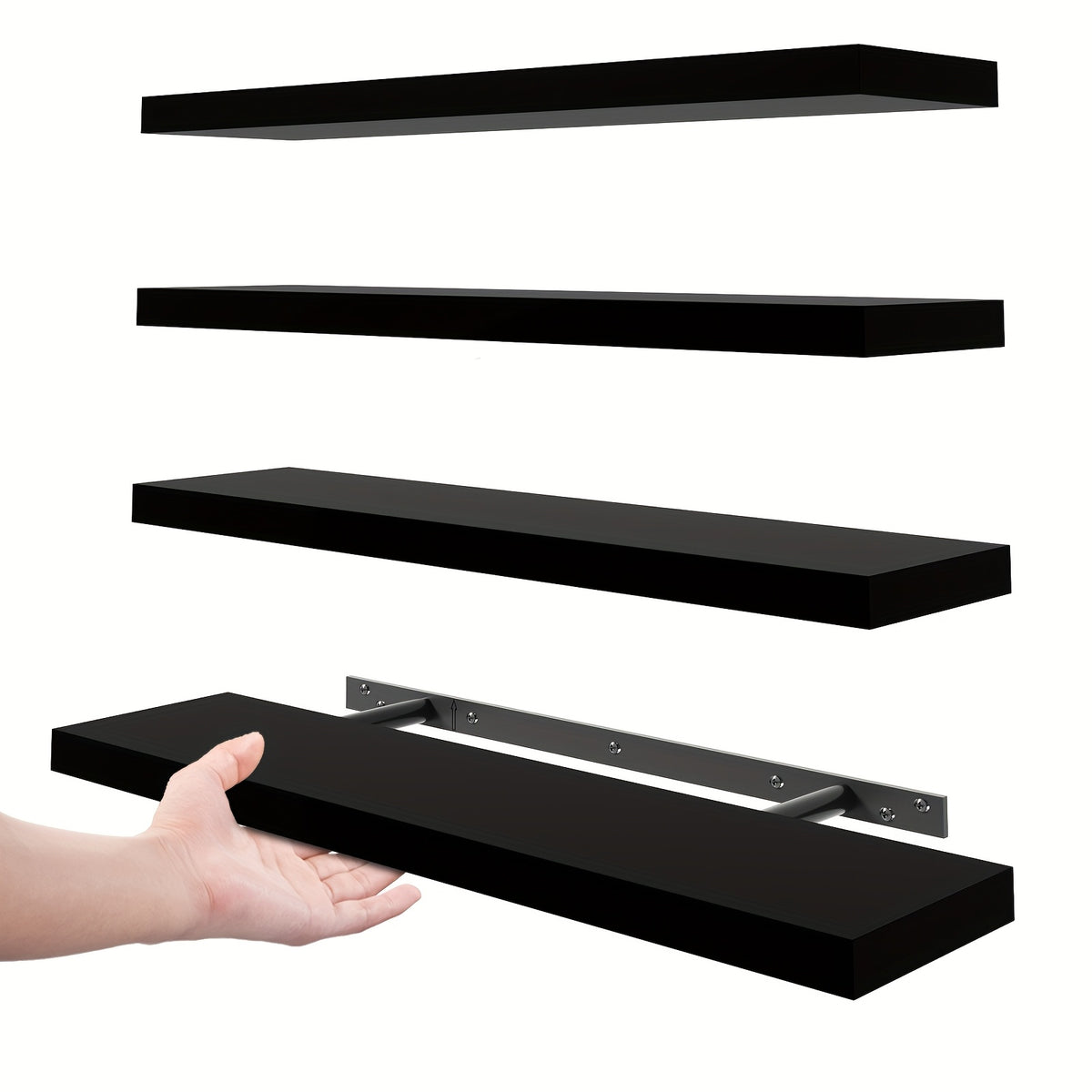 TOMNK Floating Shelves, 4pcs, 56cm/22in, Wall Shelves For Bathroom/Living Room/Bedroom/Kitchen Decor, Shelves With Invisible Brackets Set (Walnut/Light Brown/White/White Oak/Black)