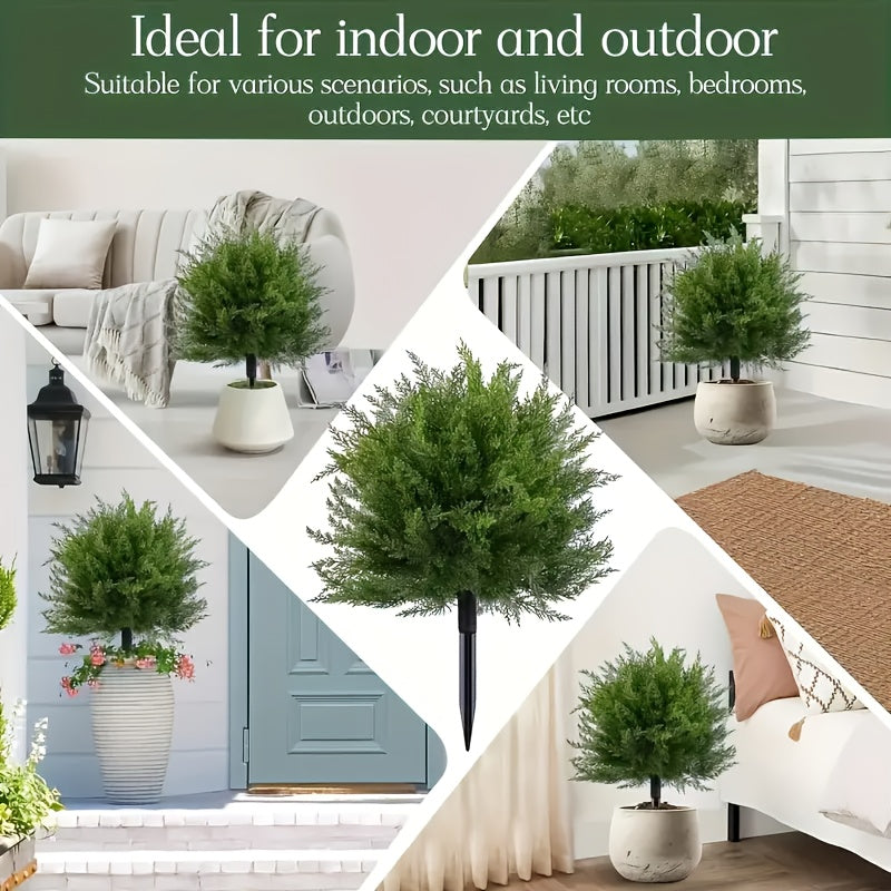 3 Large Artificial Cedar Shrubs with Ground Spikes, UV-Resistant Faux Cypress/Pine Shrubs, Outdoor and Indoor Porch Garden Decoration, All-Season Holiday and Home Outdoor Decoration, Durable Plastic Artificial Greenery