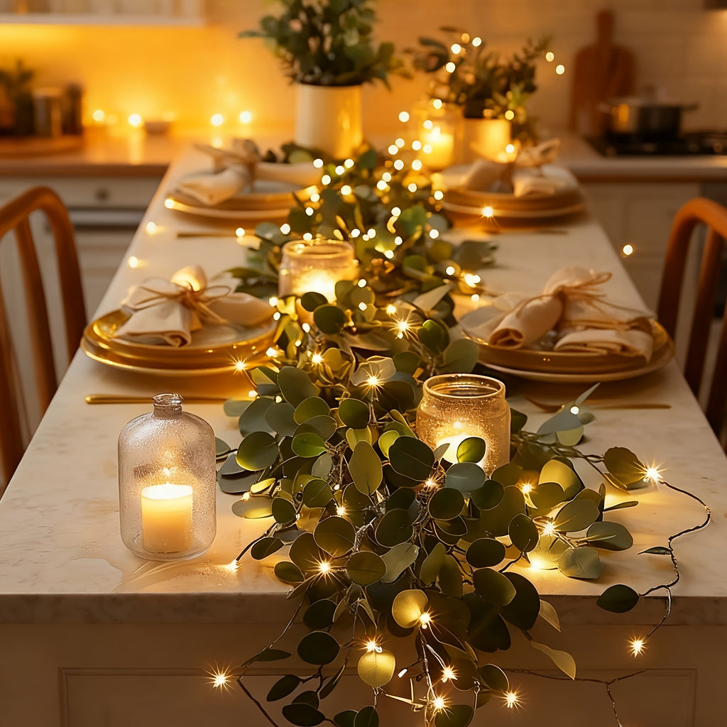 3pcs 78.74 Inches 20-LED Eucalyptus Leaf String Lights, Realistic Artificial Eucalyptus Leaf Wreath String Lights, Valentine's Day, Easter, Dinner Party Decorations, 20 LED Battery Powered (AA Batteries Not Included)