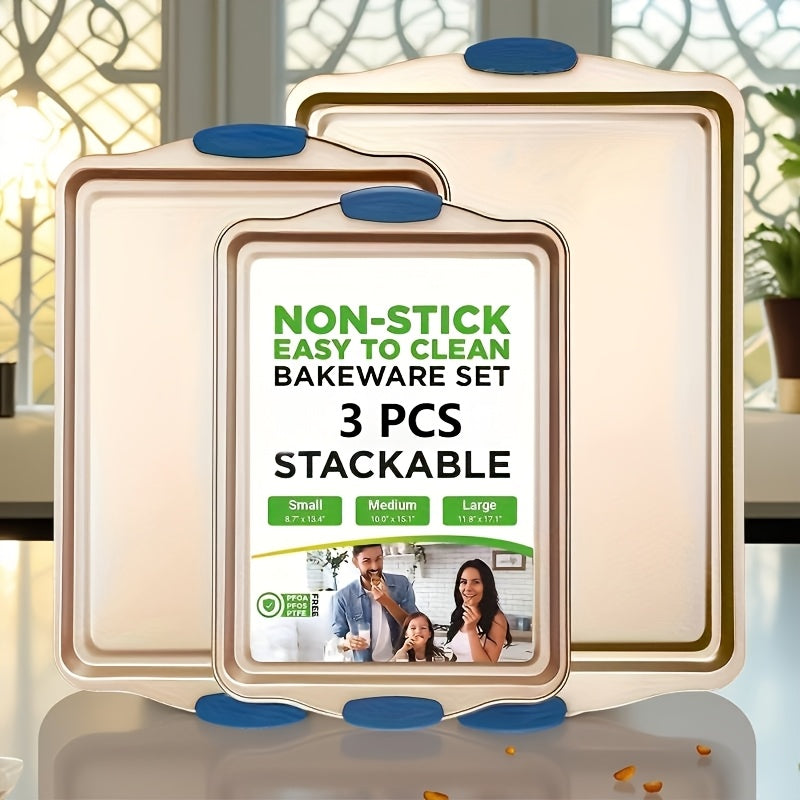 2/3/6/12/23pcs Non-Stick Baking Sheet Set, Assorted Size Cookie Trays with Orange & Blue Silicone Handles, in Gray, Black & Golden, Stackable Bakeware for Baking & Roasting