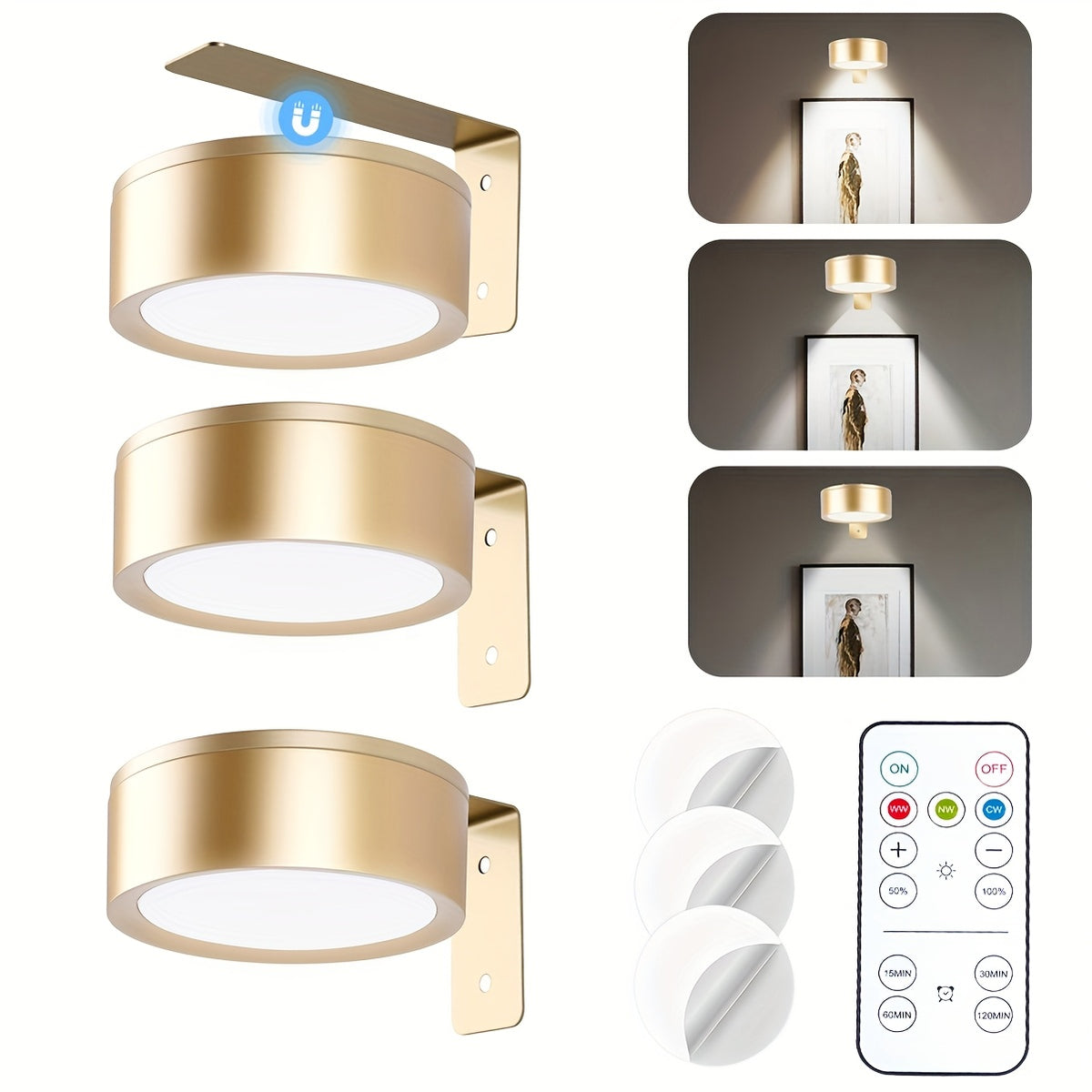 3/6pcs Battery- Magnetic Picture Lights with Remote, Dimmable Timer & 3 Lighting Modes Suitable for Picture Frame Paintings, Wireless Wall-Mounted Puck Lights for Art Display, Plug-and-Play for Gallery Decor (No Wiring)