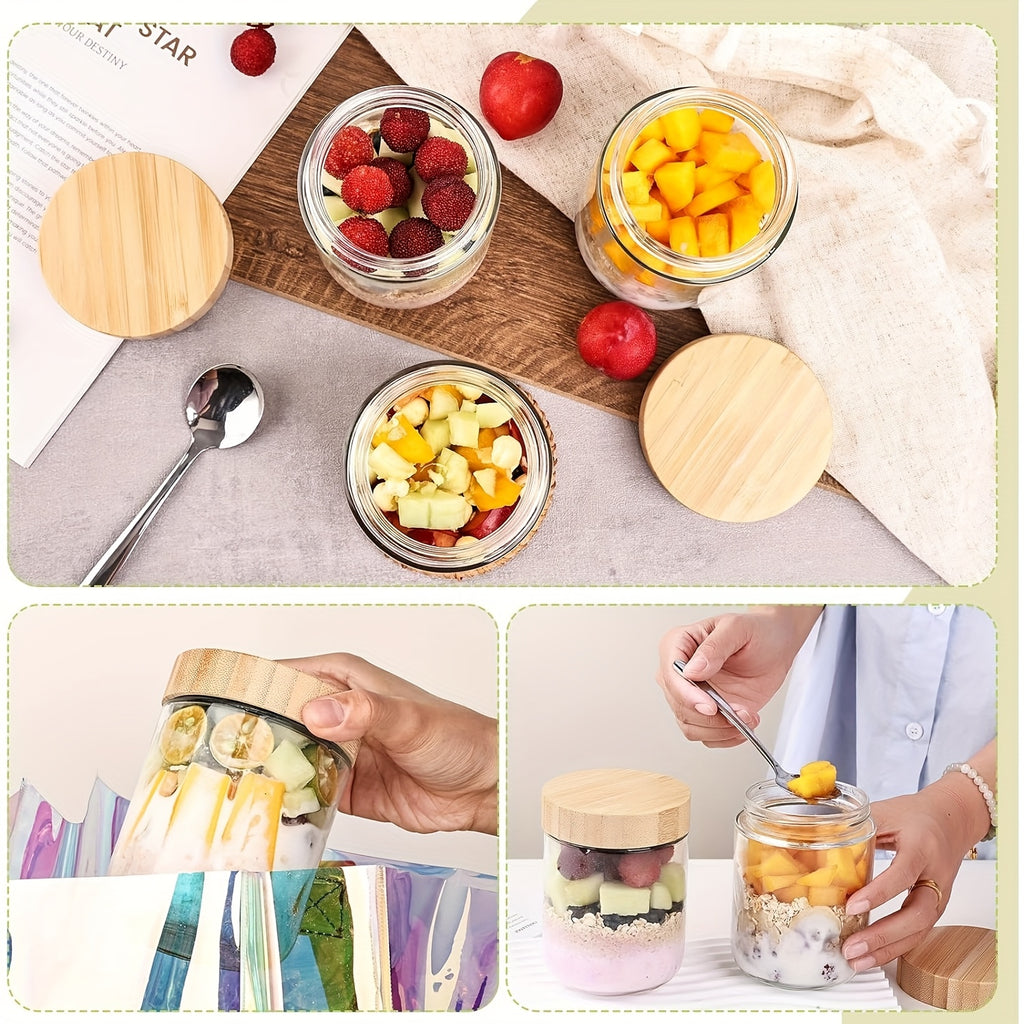 4/6-Pack Overnight Oats Containers with 4/6pcs Spoons And Bamboo Lids, Glass Jars with Airtight Lids for Meal Prep, Wide Mouth Mason Salad Jars, Glass Food Storage Container for Yogurt Chia Snacks Spice Sugar