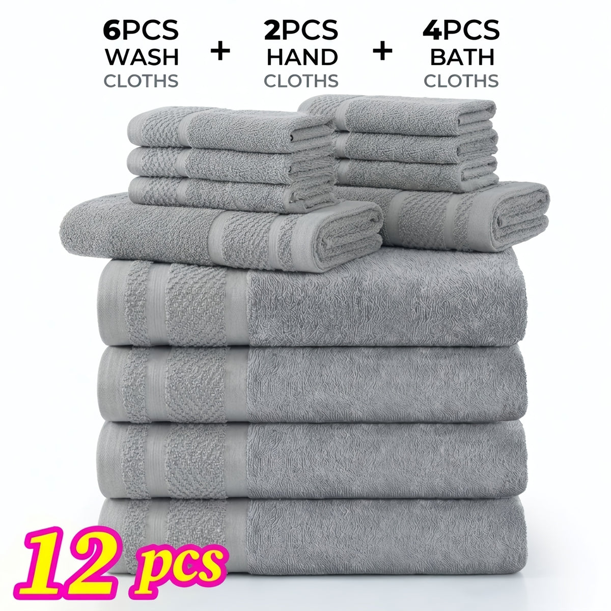 12/24pcs Bath Cloths Set, Hotel Quality Thick Bath Cloths | Highly Absorbent & Quick-Dry | 4 Bath Cloths & 6 Hand & 2 Washcloths, Cotton For Hotel Spa Gym & Home Bathroom Essentials, Wash Cloths