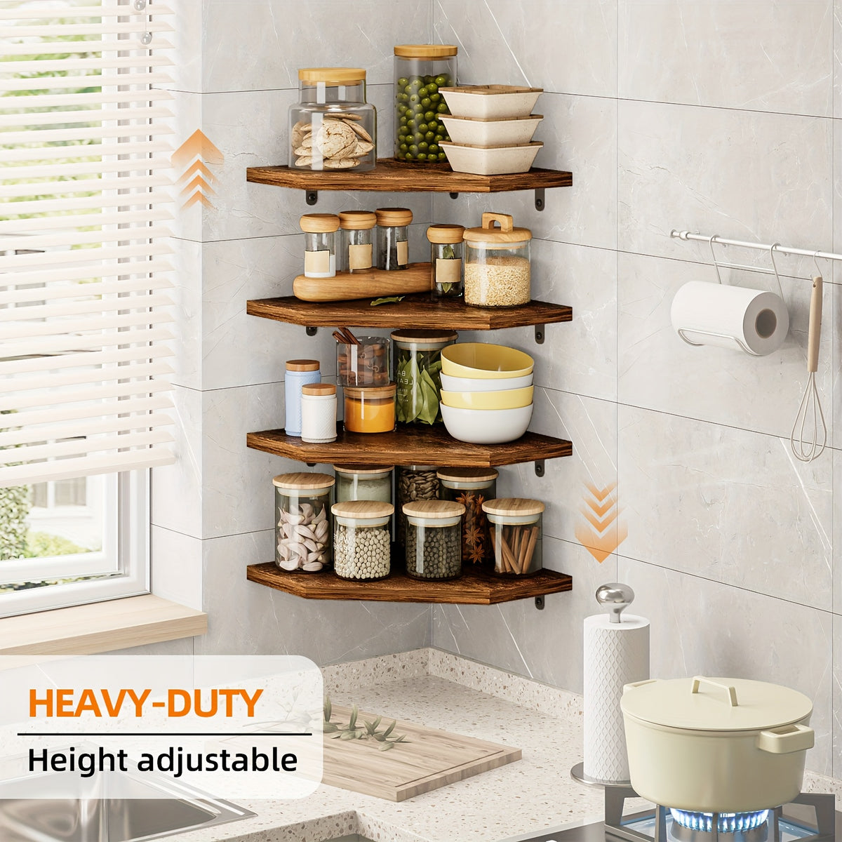 TOMNK Country Style Wooden Corner Wall Organizer, Space-Saving Floating Storage Shelf, Multipurpose Display Rack for Small Space, Practical Wall Decor for Living Room, Bedroom, Bathroom And Kitchen, Brown/Black/White for Holiday Decoration
