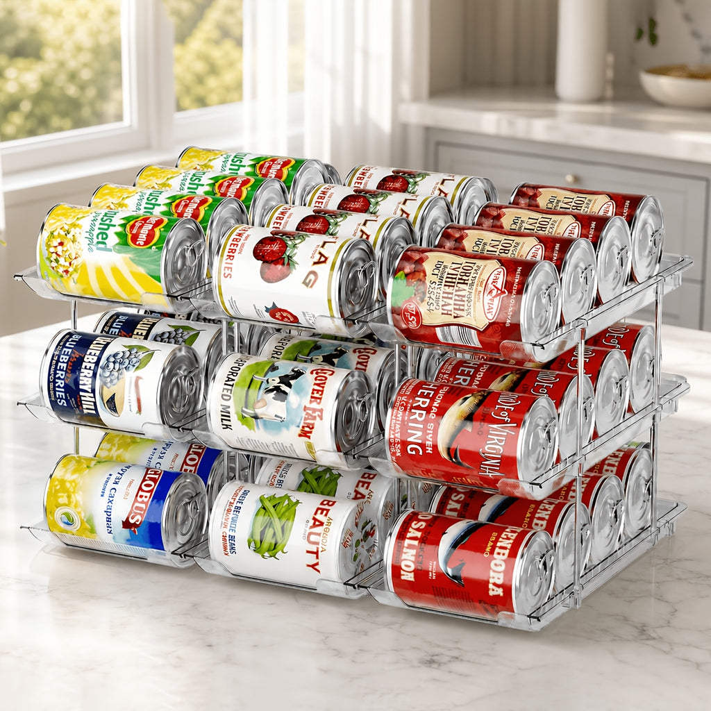 Pantry Can Storage Rack - Holds 36 Cans (3 Tiers/3pcs), Auto-Rolling Stackable Can Storage Rack - Transparent PET Material, Suitable for Soda, Soup, Vegetable Cans - Kitchen, Garage, Dorm Closet Organizer - Tool-Free Easy Assembly.