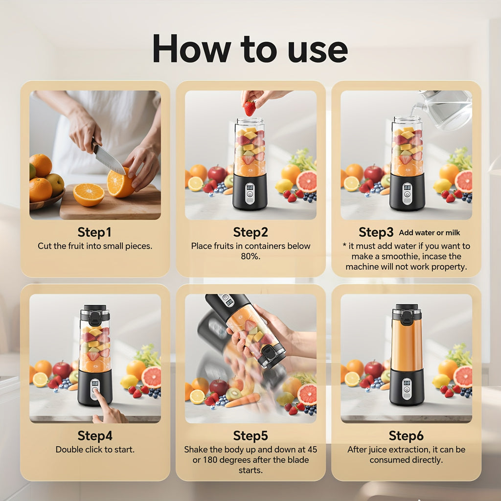 LALAYUAN USB-Powered Juicer & Juicer with Digital Timer, Battery Left Display, High-Speed Ice Crush, USB-C Fast Charge, One-Tap NO-Spill Lid, 6-Blade Stainless Steel - Smoothie Blender Portable, Protein Shakes, Gym, Travel Smoothie Maker
