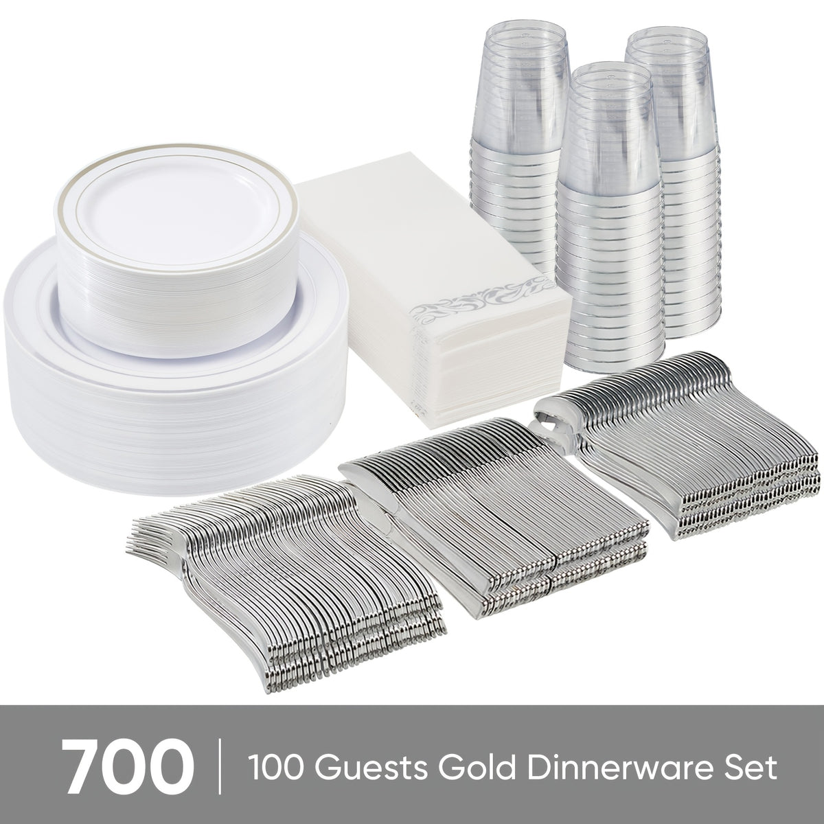 Set of 350/700 Golden/Silver Disposable Plates for 50/100 Guests, Disposable Plastic Plates for Parties, Wedding, Graduation, Birthday, Dinnerware Set of Dinner Plates, Salad Plates, Cutlery, Cups And Napkins
