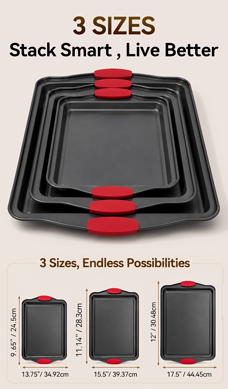 3pcs Nonstick Carbon Steel Oven Baking Pans Set With Detachable Silicone Handles, Premium Non-Stick Steel Bakeware Set, Commercial Grade Restaurant Quality Rimmed Sheets, Easy-Clean Baking Trays For Cookies, Pizza, Cake & Home Kitchen Use