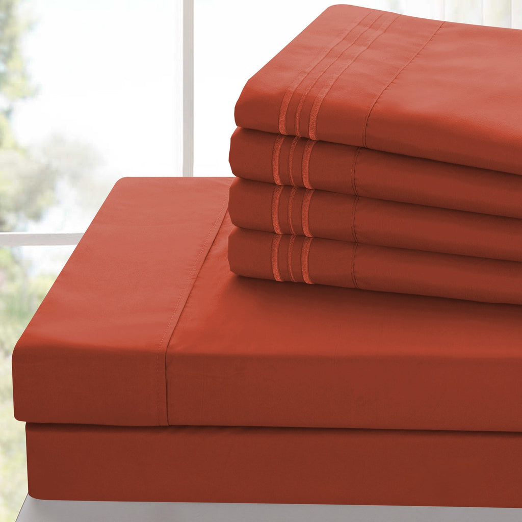 Lux Decor 6 Pieces Solid Bed Sheets Set - Modern Soft Comfortable Bedding Set, Hotel Luxury Skin Friendly Cooling Sheets & Embroidered Pillowcases Without Filler - All Seasons Bed Sheet with 16 Inches deep Pocket, Breathable Skin Friendly & Cooling Sheets
