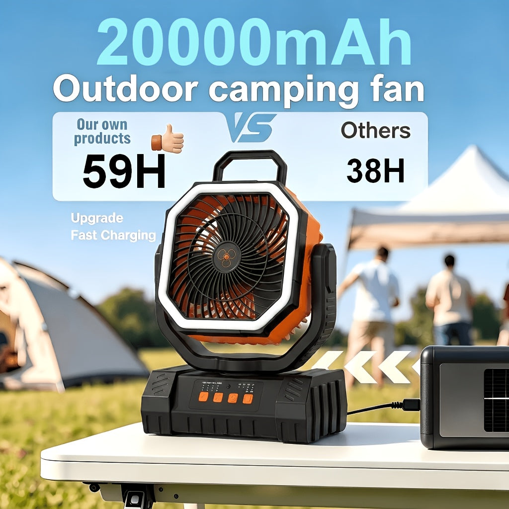 Portable Camping Fan with LED Light 20000Mah Rechargeable Battery Remote Control And Oscillating Function, 4 Wind Speeds, 90° Oscillation, 1-8 Hour Timer, Remote Control Included. Suitable for Indoor And Outdoor Use, Tents, Travel