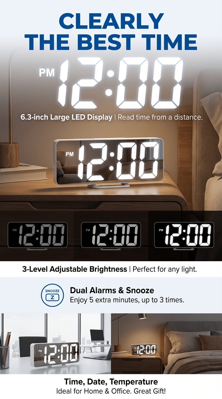Latest Fashion Digital Clock, LED Alarm Clock for Bedroom, with Mirror, Shows Temperature And Day of The Week, Large Display Electronic Desk Clock, Adjustable Brightness, 12/24 Hours, Small Bedroom Alarm Clock, Christmas Gift Decoration