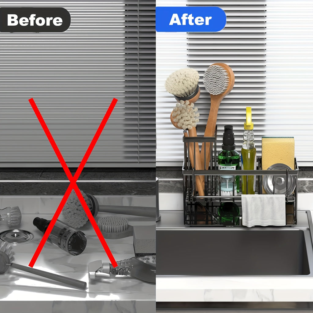 1pc Sponge Holder For Kitchen Sink With Drain Design And Dishcloth Rack, 304 Stainless Steel Sink Rack With Tall Brush Holder, Kitchen Sink Storage Box For Countertop, Soap Dispenser, Kitchen Organizer, And Essential Storage Accessories.