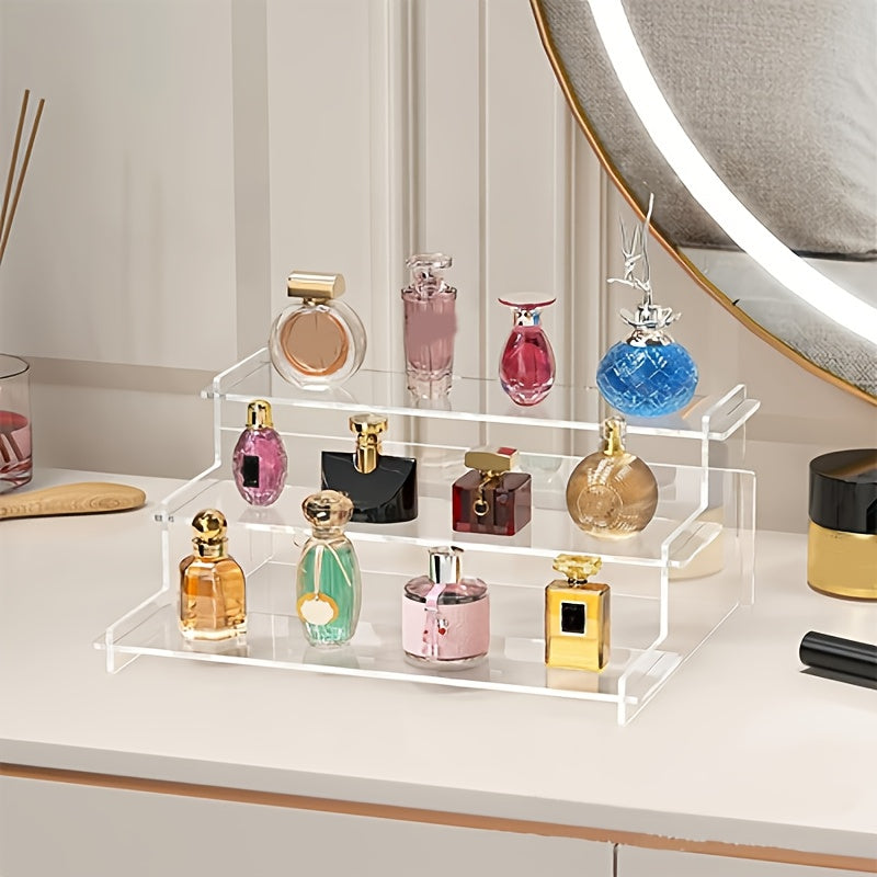 Three-Level Transparent Acrylic Display Rack - Robust Multi-Section Organizer for Cosmetics, Additions, Fragrances & Desserts - Easy to Assemble Home Decor Shelf with Strong Build, for makeup Presentation Stand, Jewelry Display, Elegant Design