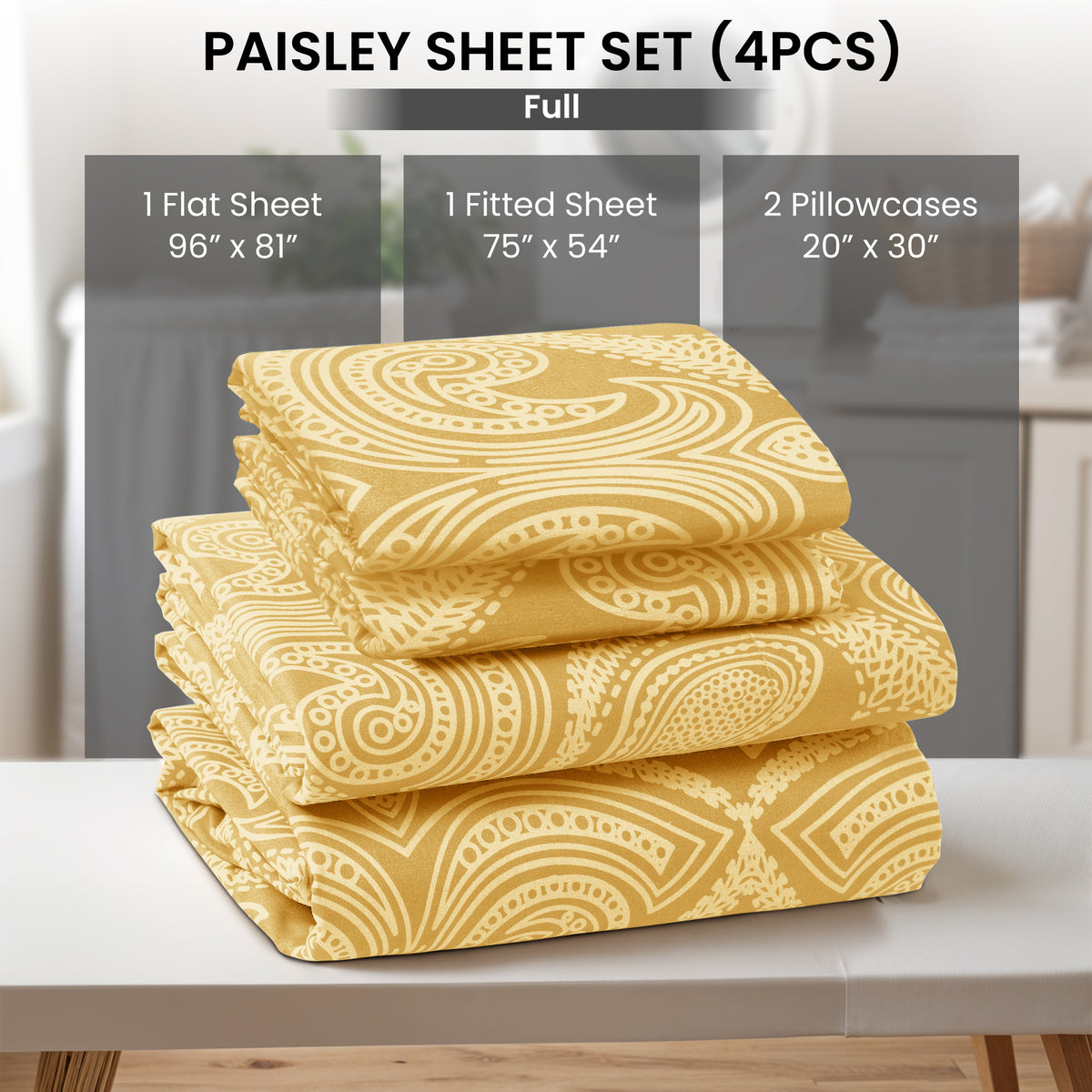 Paisley Bed Sheet Set, Soft Double Brushed Microfiber Bedding with 16-Inch Deep Pocket Fitted Sheet and Pillowcases in Six Sizes for Bedroom Comfort