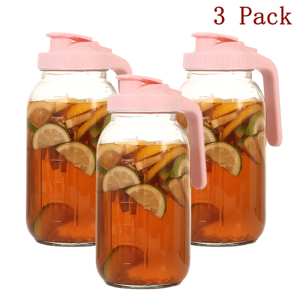 Grinkwell 64Oz Mason Jar with Handle And Lid, 2/3 Pack, Bpa-Free High Borosilicate Glass, Sports And Outdoor Beverage Carafe, Leak-Proof, for Ramadan, Christmas, New Year