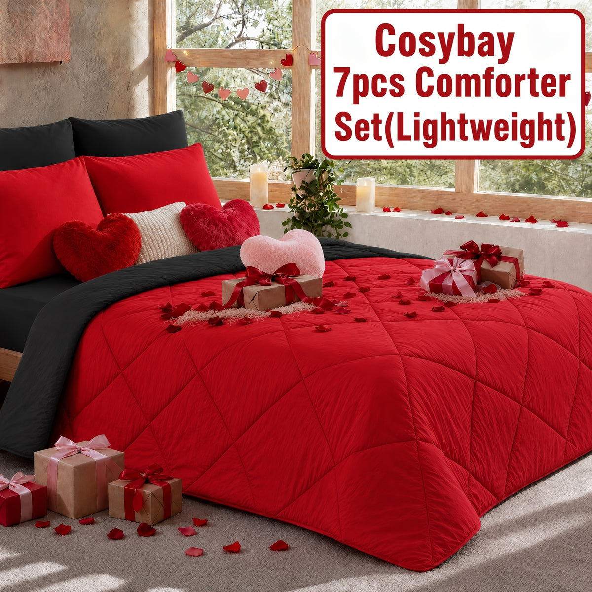 Cosybay 7 Piece Pinch Pleated Comforter Set Queen King Size, Luxury Soft Fluffy Bedding Includes 1 Comforter, 1 Extra Deep Pocket Fitted Sheet, 1 Flat Sheet, 4 Pillowcases & Pillow Covers, Perfect for Halloween Party, Holiday Celebrations & Birthday