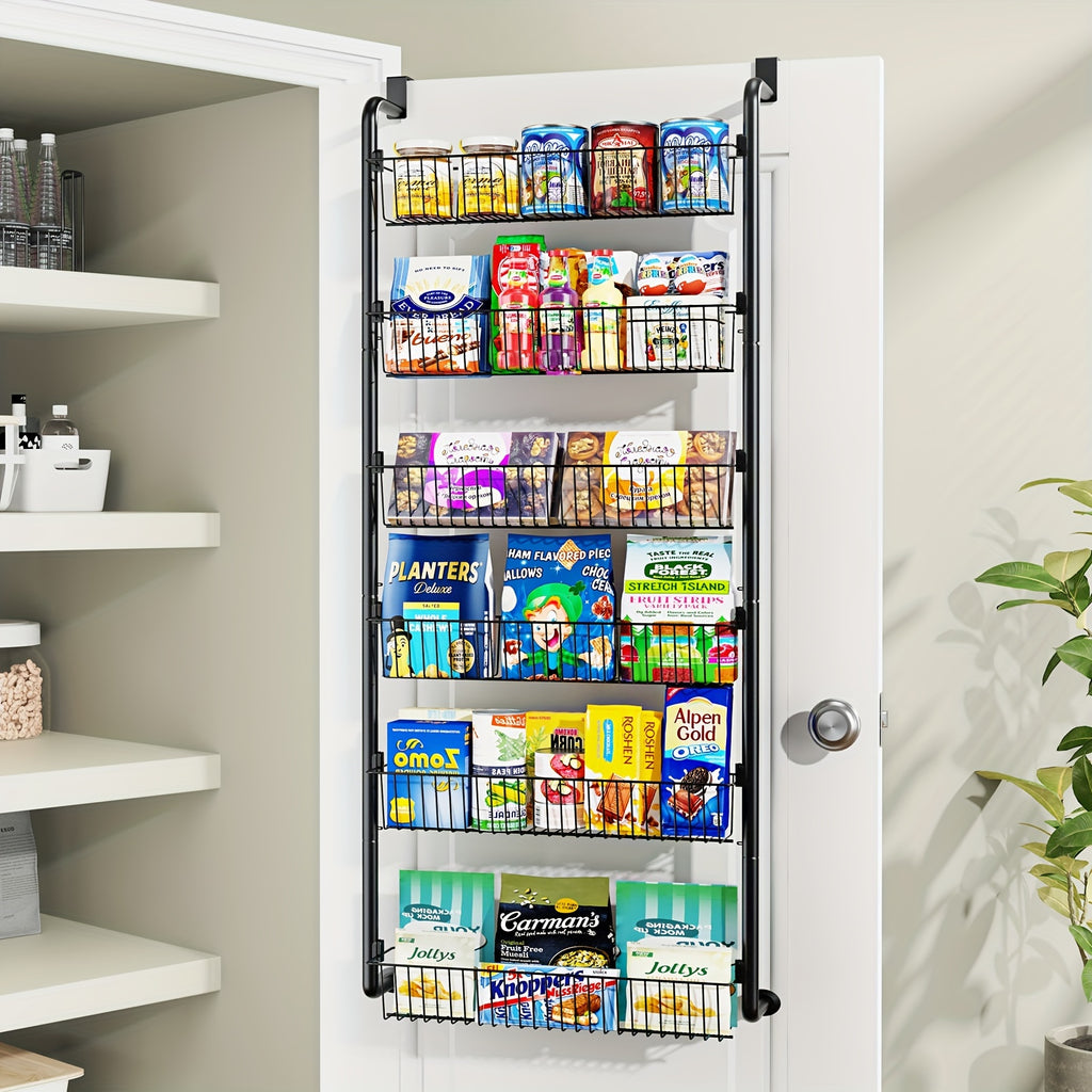 Metal Over Door Pantry Rack, 6 or 8 Tier Hanging Storage Organizer in Black or White for Spices, Packaged Foods, Bathroom Essentials and Laundry Supplies