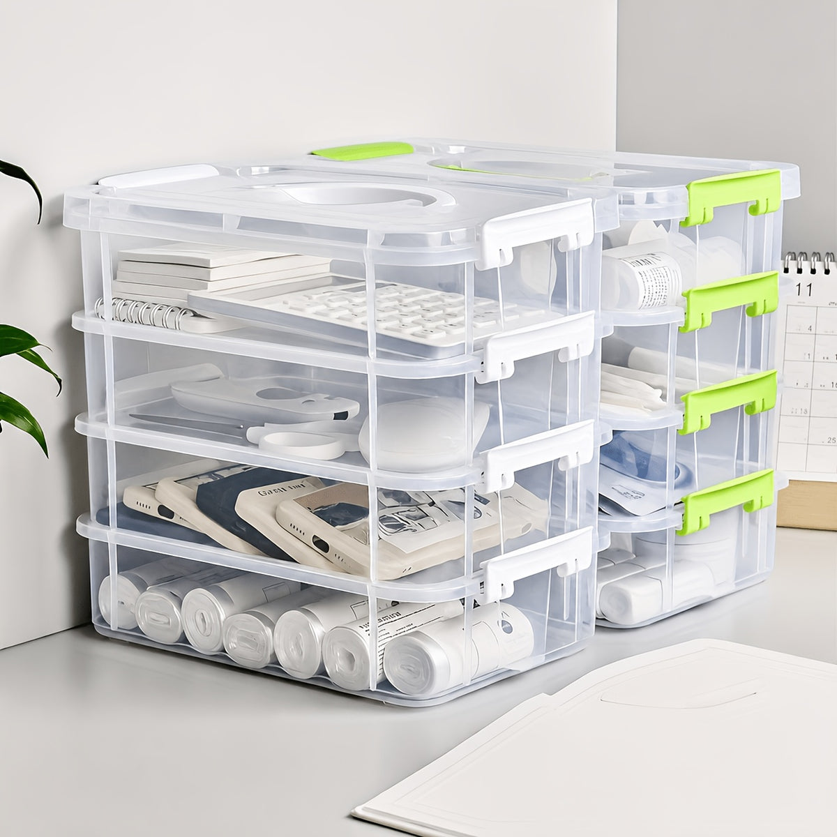 Stackable Large-Capacity Transparent Plastic Storage Box with Lid And Handle. Compartmentalized Drawer Design, Ideal for Hair Additions, Jewelry, And Stationery. Suitable for Home And Office Use, Easy for Neat Storage