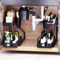 Under Sink Organizer Set of 2, Narrow-Top Two-Tier Cabinet Racks with Sliding Lower Baskets, Hooks and Hanging Cups for Kitchen and Bathroom Storage