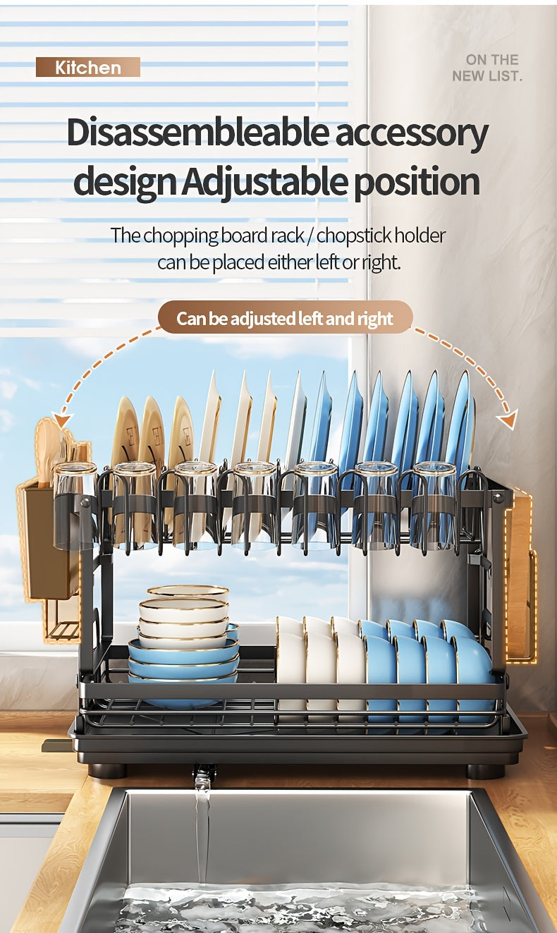 Two-tier Metal Kitchen Countertop Dish Rack Is Space-saving And Durable. It Comes with A Knife And Fork Holder, A Cup Rack, A Cutting Board Holder, And A Rust-proof Draining Tray. It Organizes Your Tableware And Helps Keep Your Kitchen Neat And Tidy.