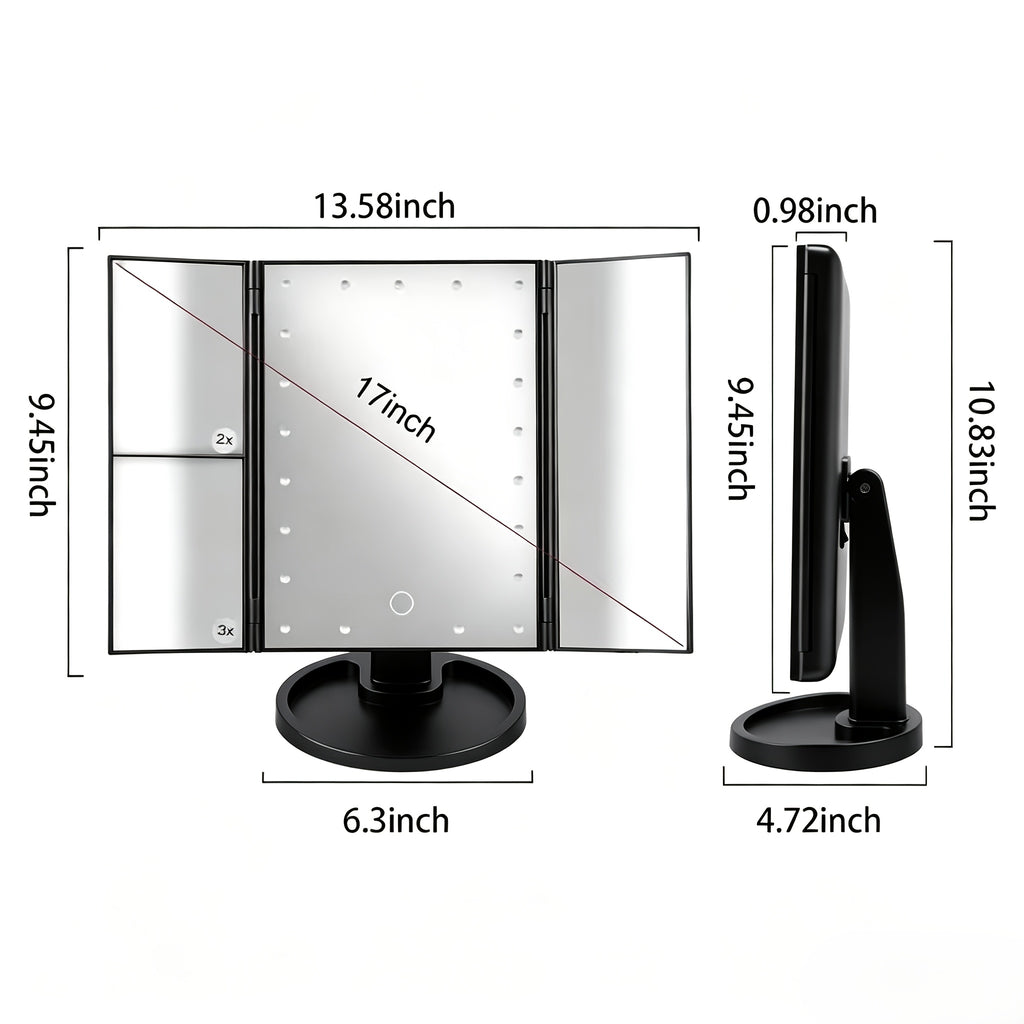 Makeup Mirror with Lights, Tri-Fold LED Vanity Mirror Touch Screen, 1X 2X 3X 10X Magnifying, Adjustable Base, Travel Mirror for Desk, Gift for Women, Rose Golden/Black