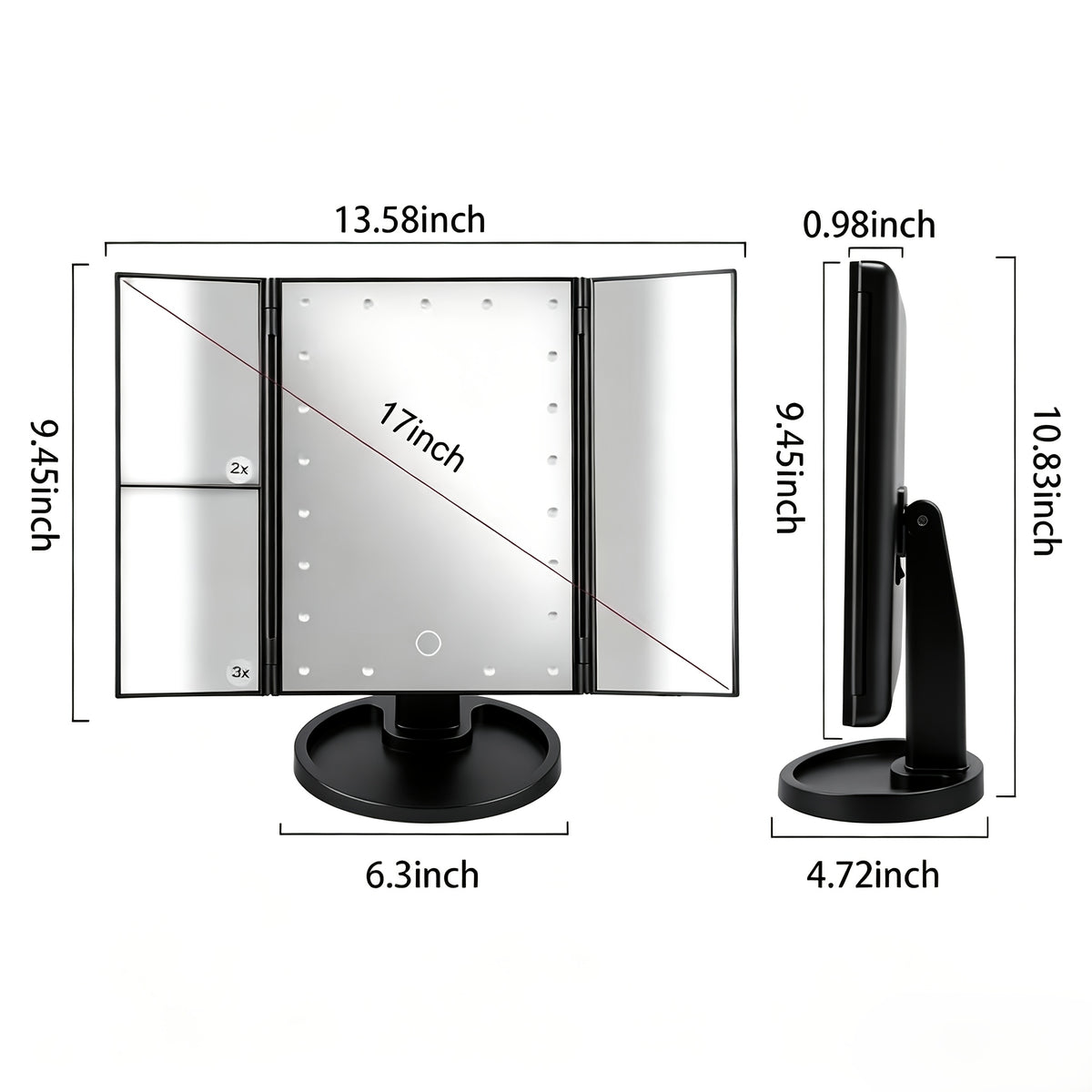 Makeup Mirror with Lights, Tri-Fold LED Vanity Mirror Touch Screen, 1X 2X 3X 10X Magnifying, Adjustable Base, Travel Mirror for Desk, Gift for Women, Rose Golden/Black