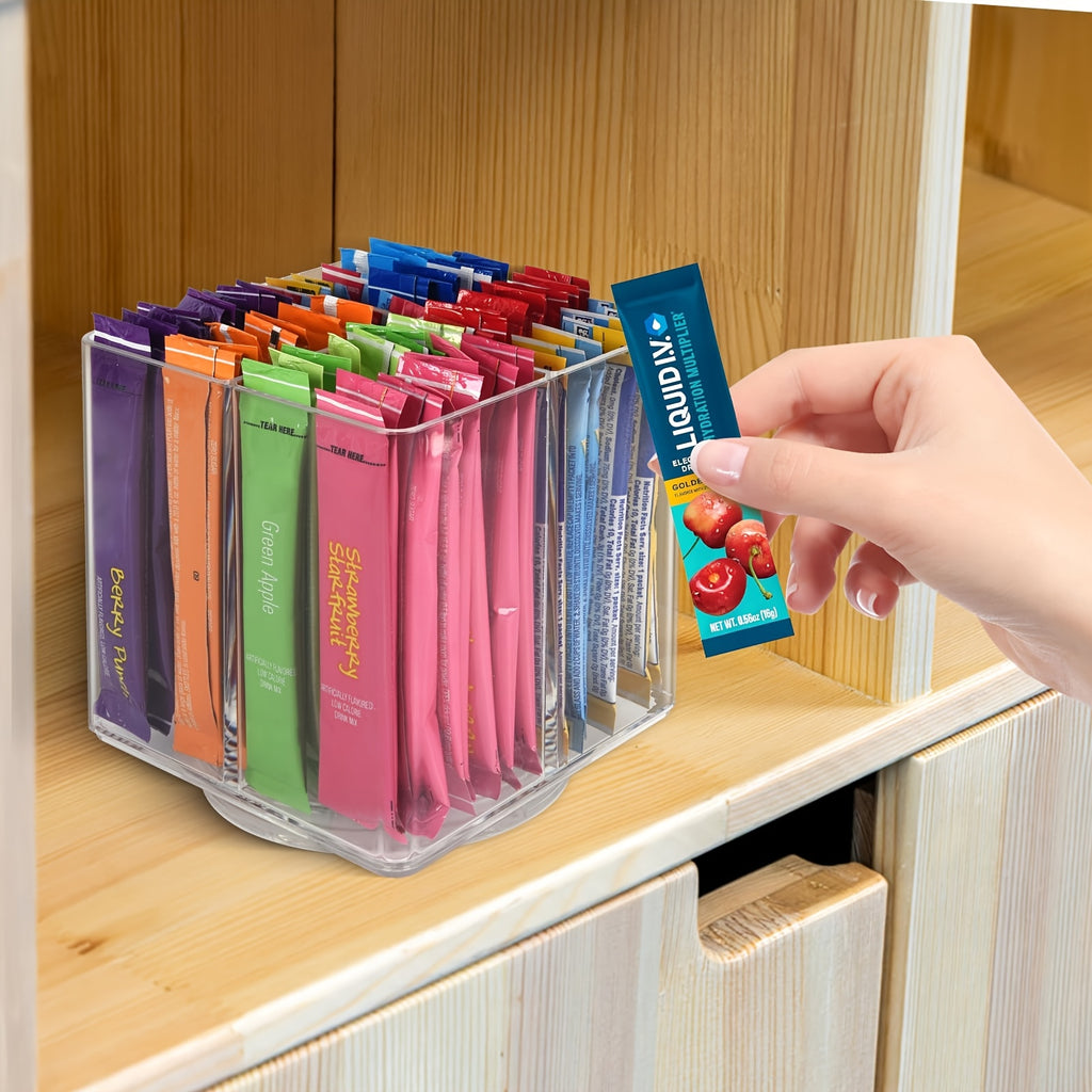 Square Rotating Storage Rack for Powdered Beverage Mixes/ Water Flavored Pouches/ Beverage Mixing Accessories Organizer