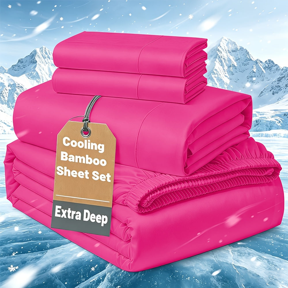 Cooling Bamboo Bedding Set with Flat Sheet, Deep Pocket Fitted Sheet and Pillowcases, Soft Breathable Sheets in 13 Colors for Twin Full Queen King
